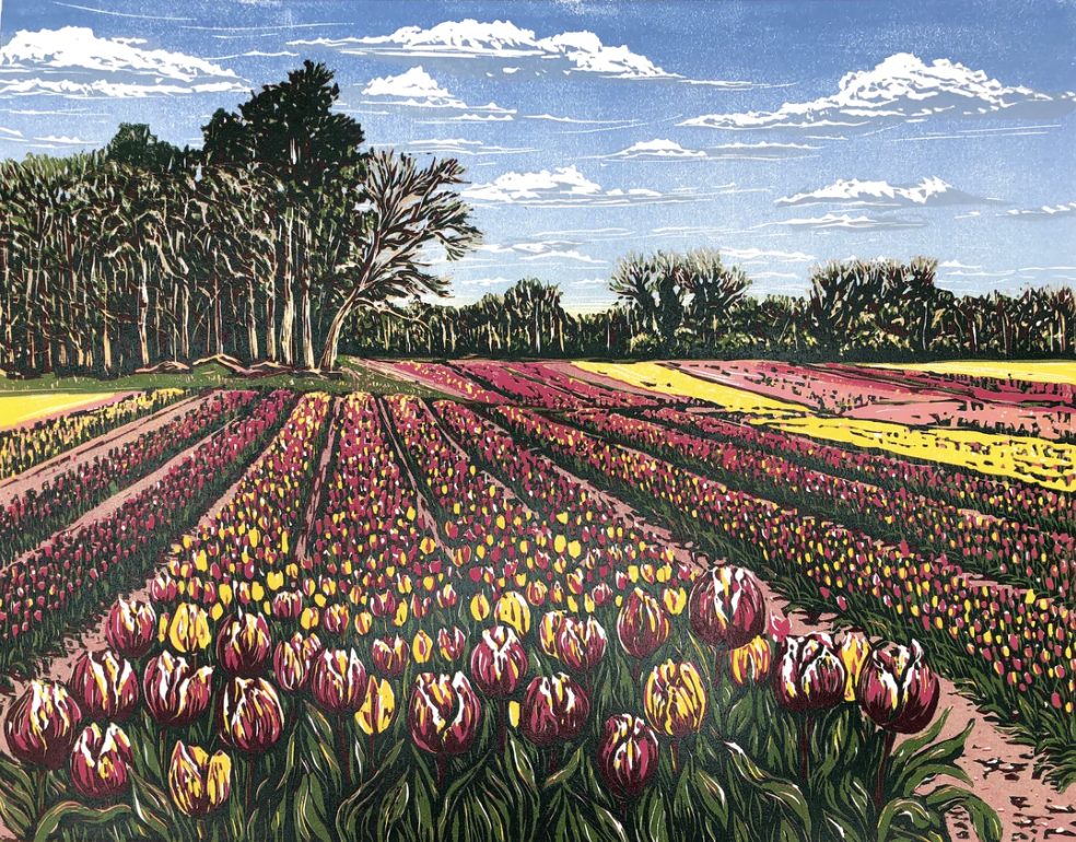 Linoprint of field of tulips