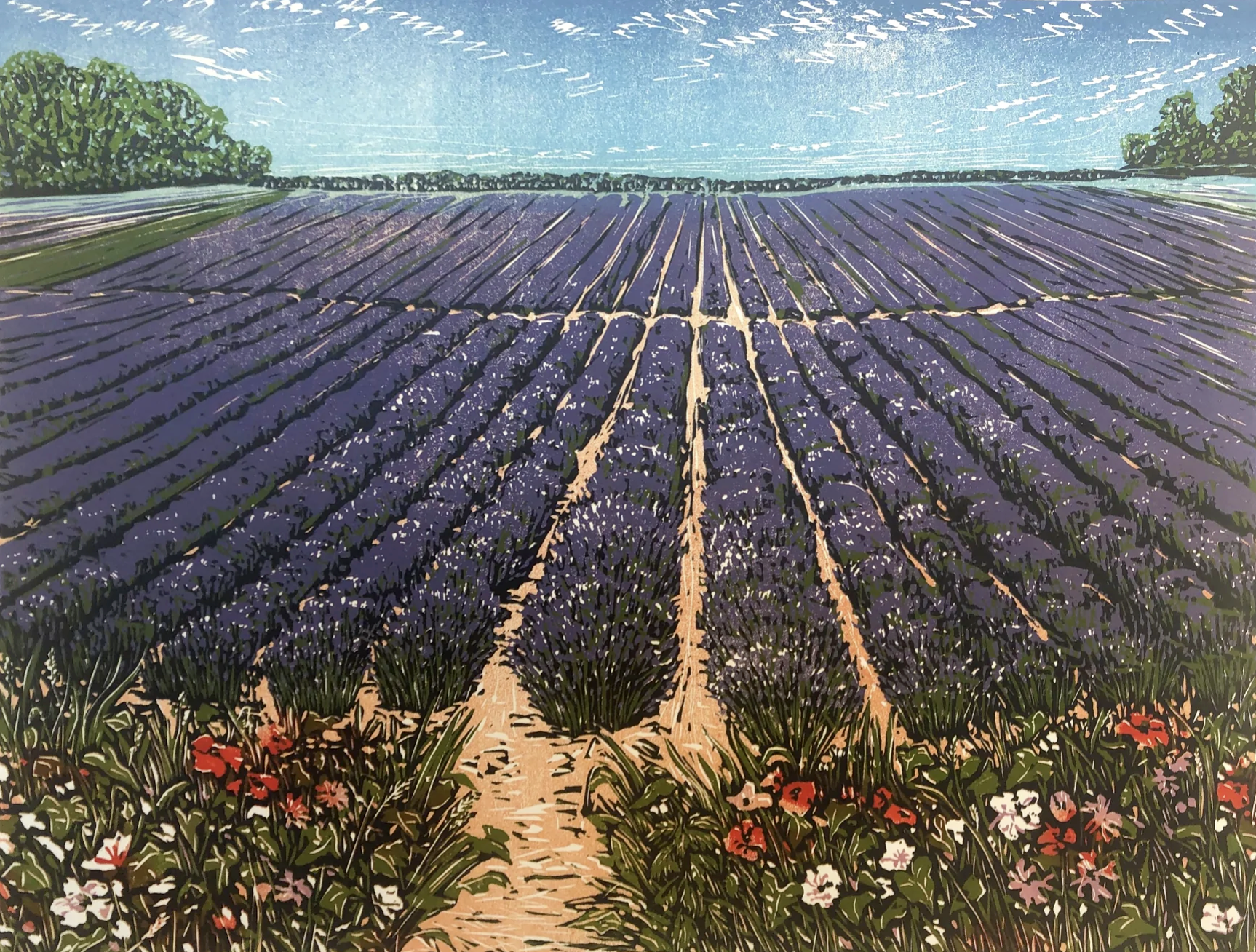 Linoprint of a lavender field in Norfolk.