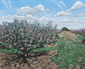Linoprint of an apple orchard in Spring.