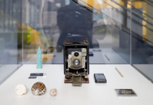 Objects including an old camera, candle and mollusks are arranged on a plinth.
