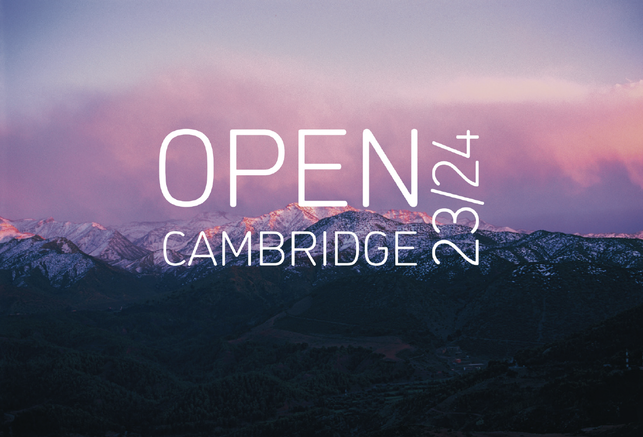 Sunset over mountains, text reads Open Cambridge 23/24